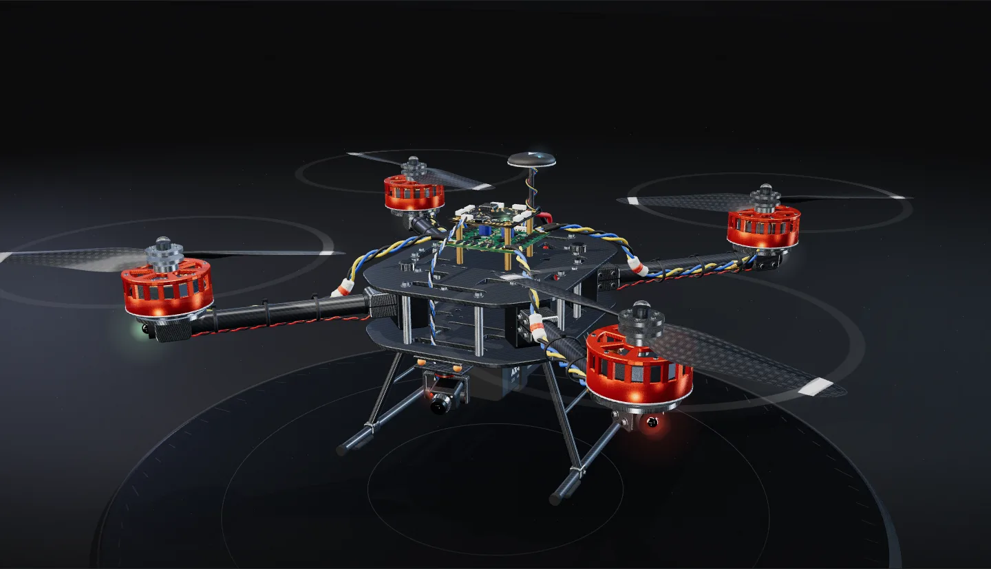 The AX-8 concept heavy-lift quadcopter hovering over a dark studio pad, motors and wiring exposed.